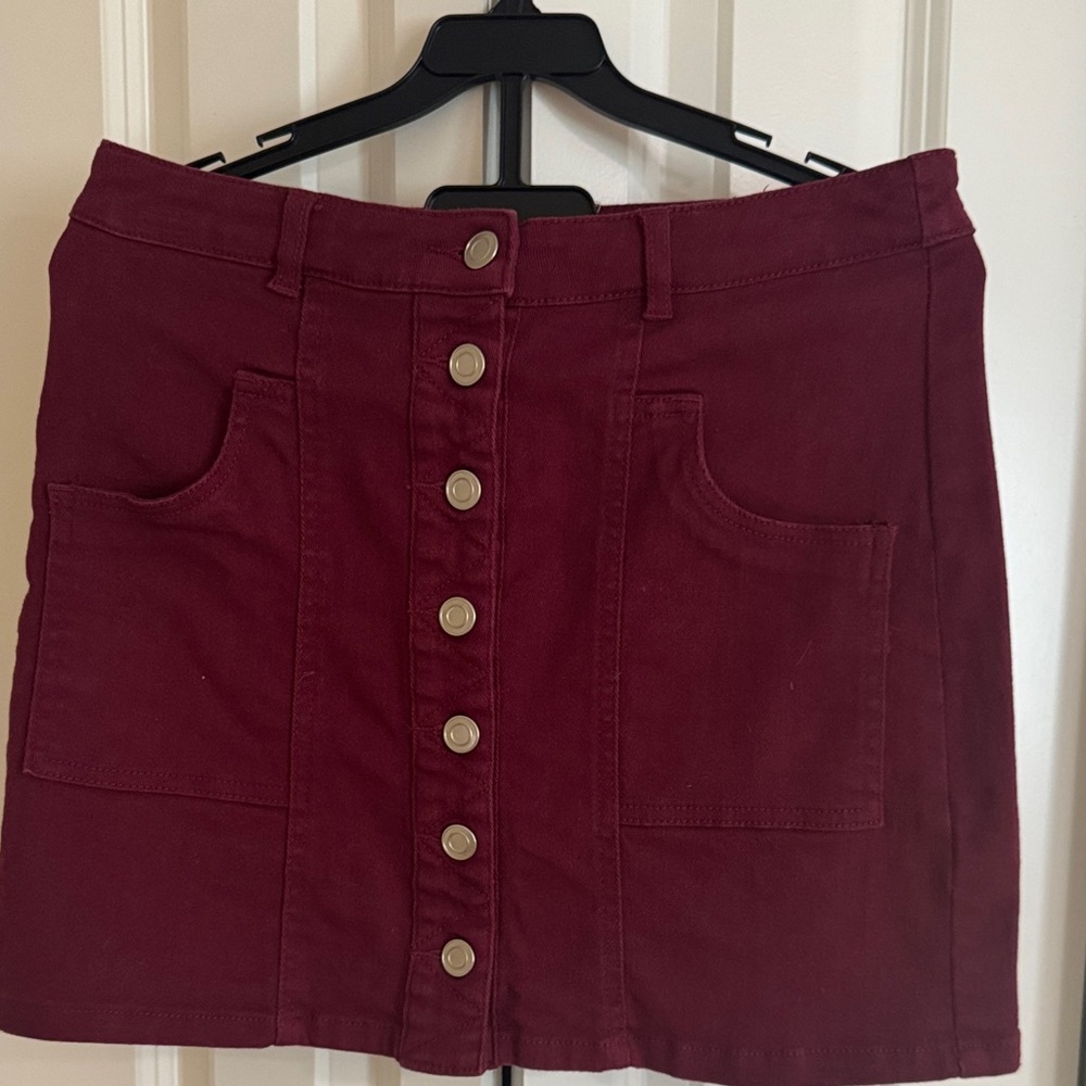 Altar’d State Burgundy Button-Front “Jean” Skirt